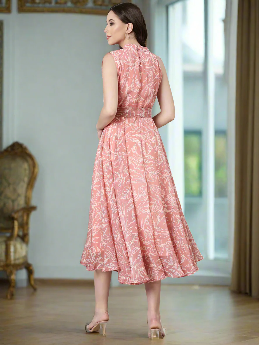 Women Peach Floral Chiffon Dress - Image 2