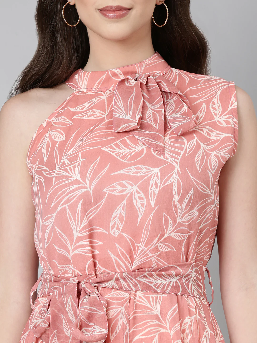 Women Peach Floral Chiffon Dress - Image 4