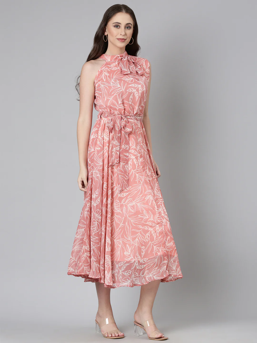 Women Peach Floral Chiffon Dress - Image 5