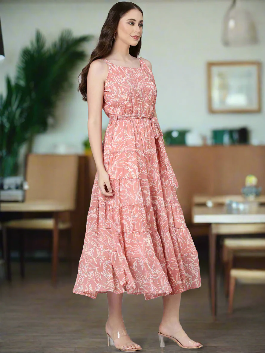 Women Peach Floral Chiffon Dress - Image 6
