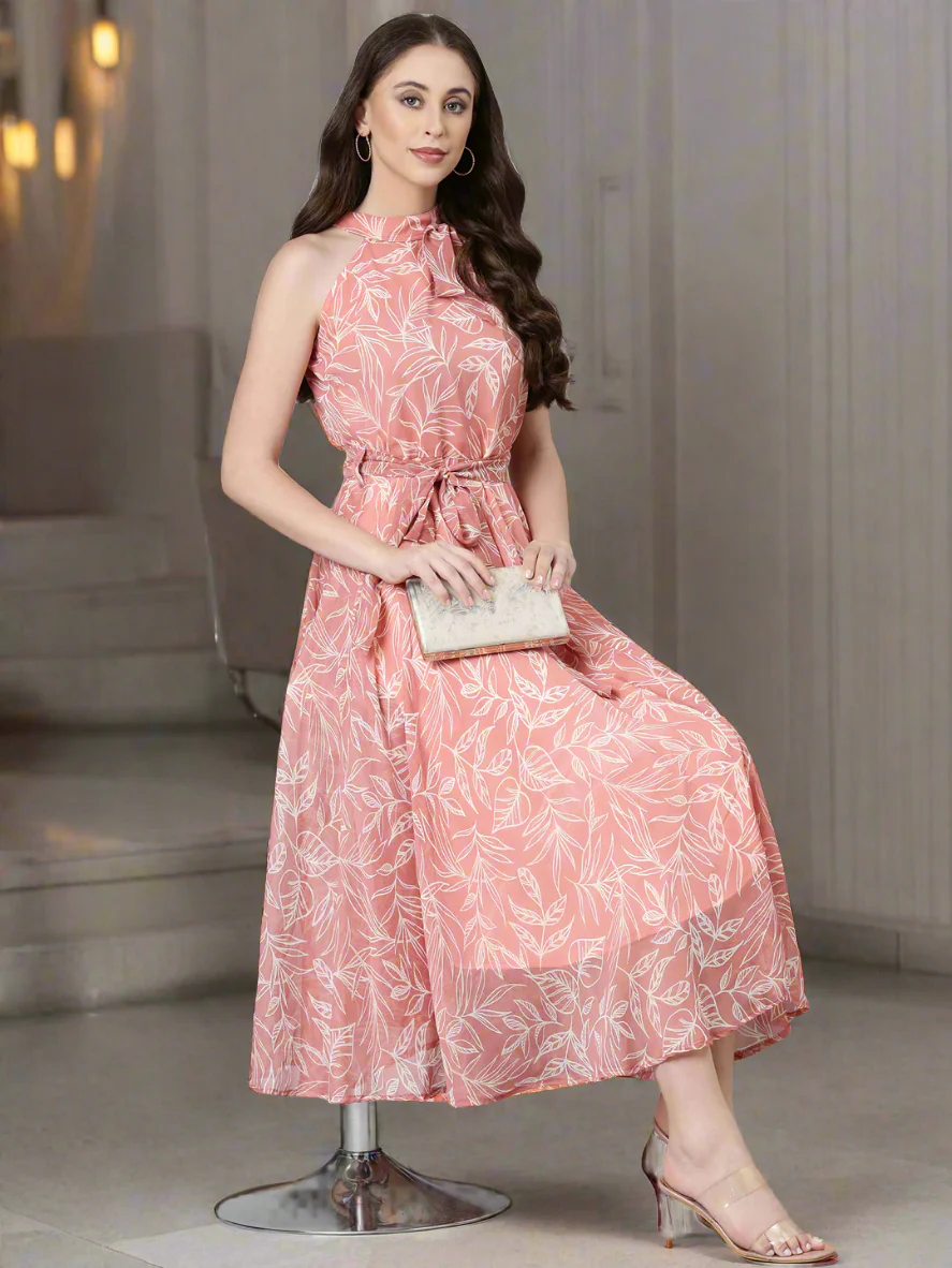 Women Peach Floral Chiffon Dress - Image 7