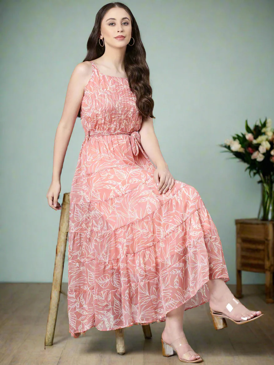 Women Peach Floral Fit & Flare Maxi - Image 2