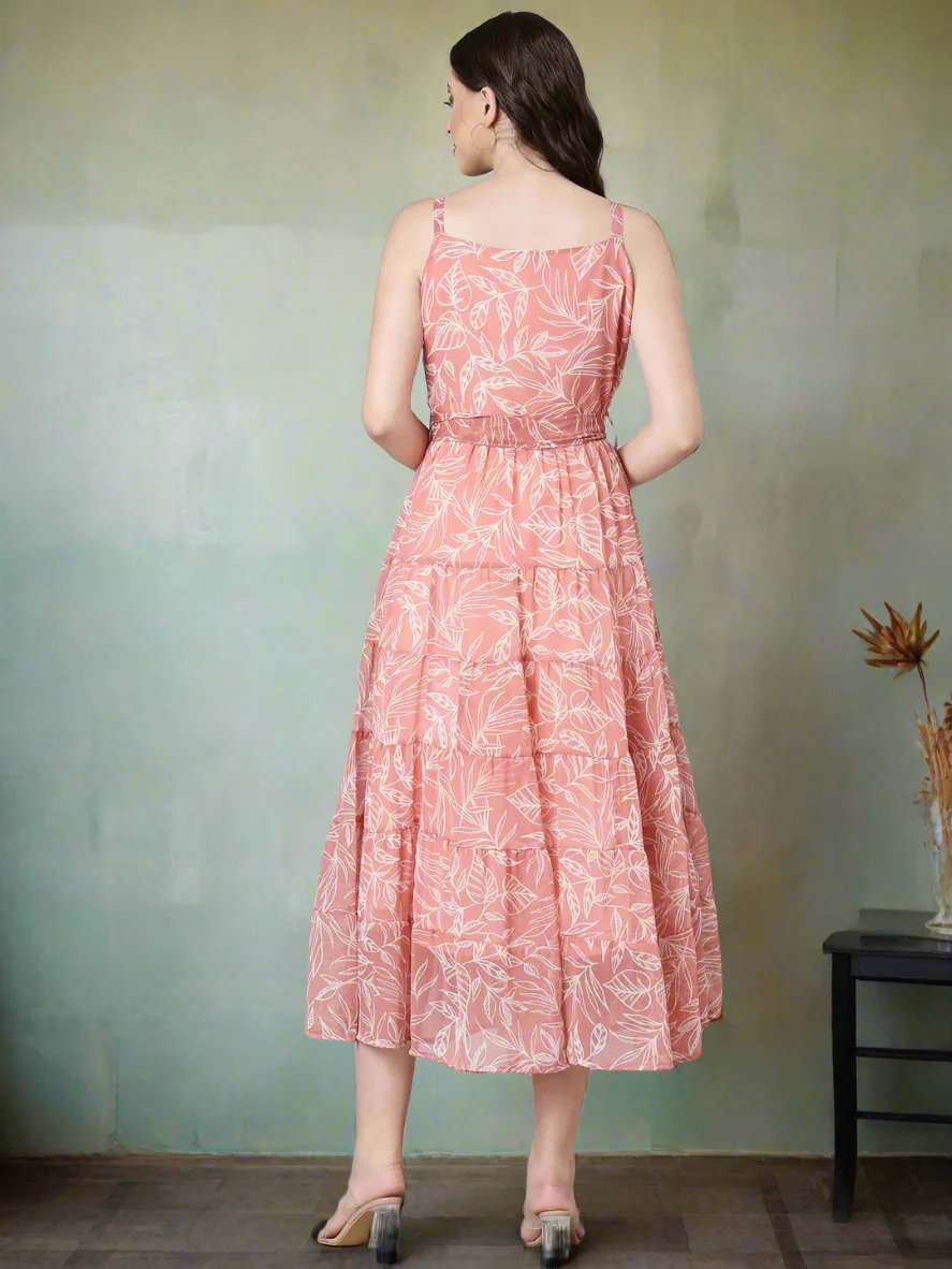 Women Peach Floral Fit & Flare Maxi - Image 3