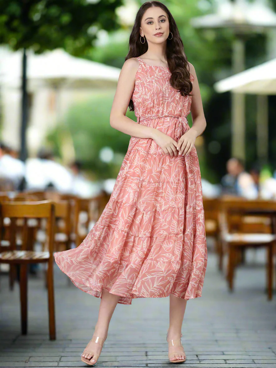 Women Peach Floral Fit & Flare Maxi - Image 5
