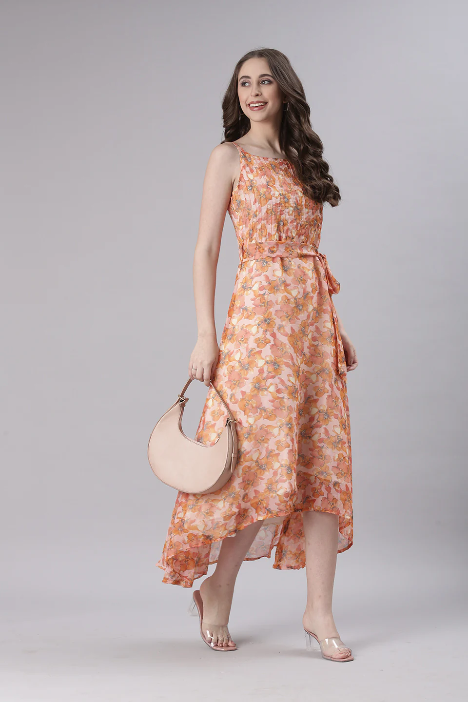 Women Peach Floral Print Tiered Dress - Image 2