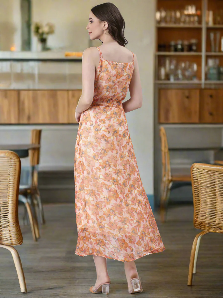 Women Peach Floral Print Tiered Dress - Image 4