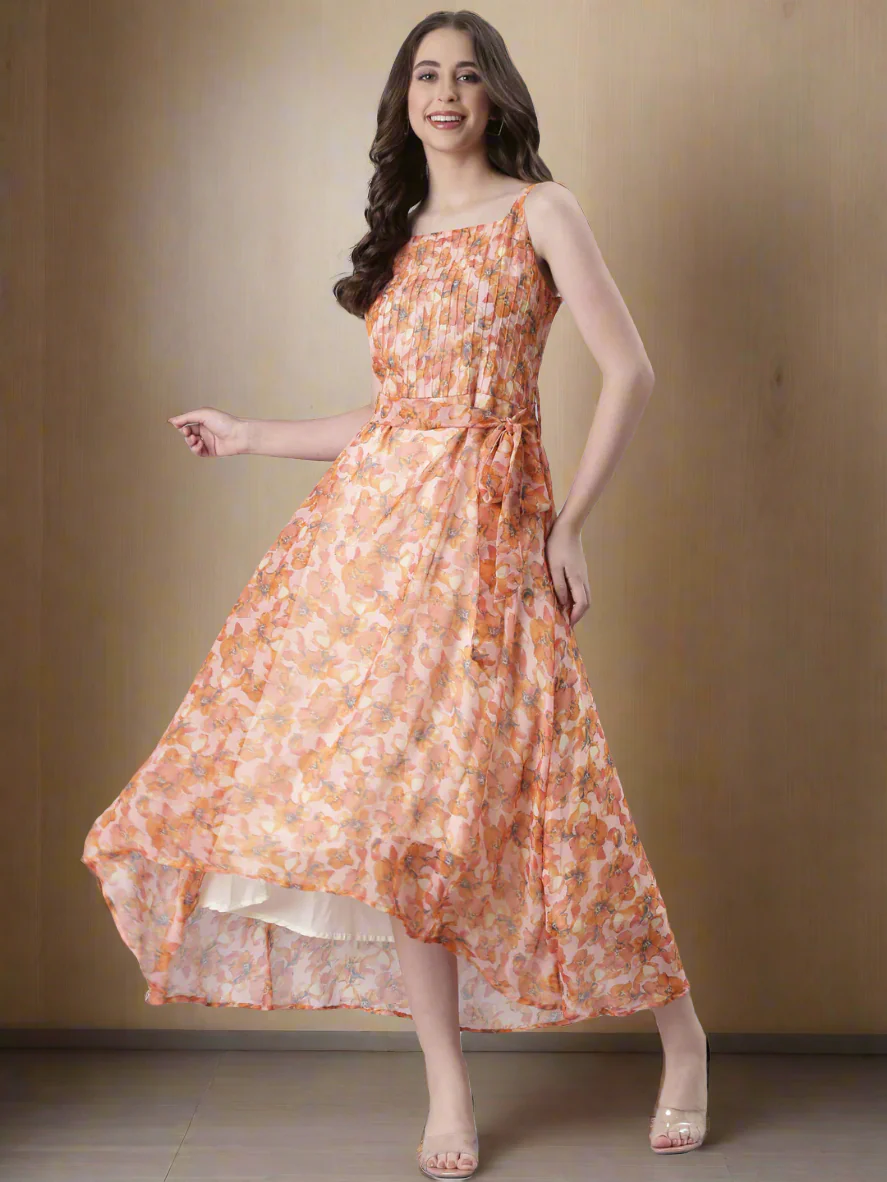 Women Peach Floral Print Tiered Dress - Image 5