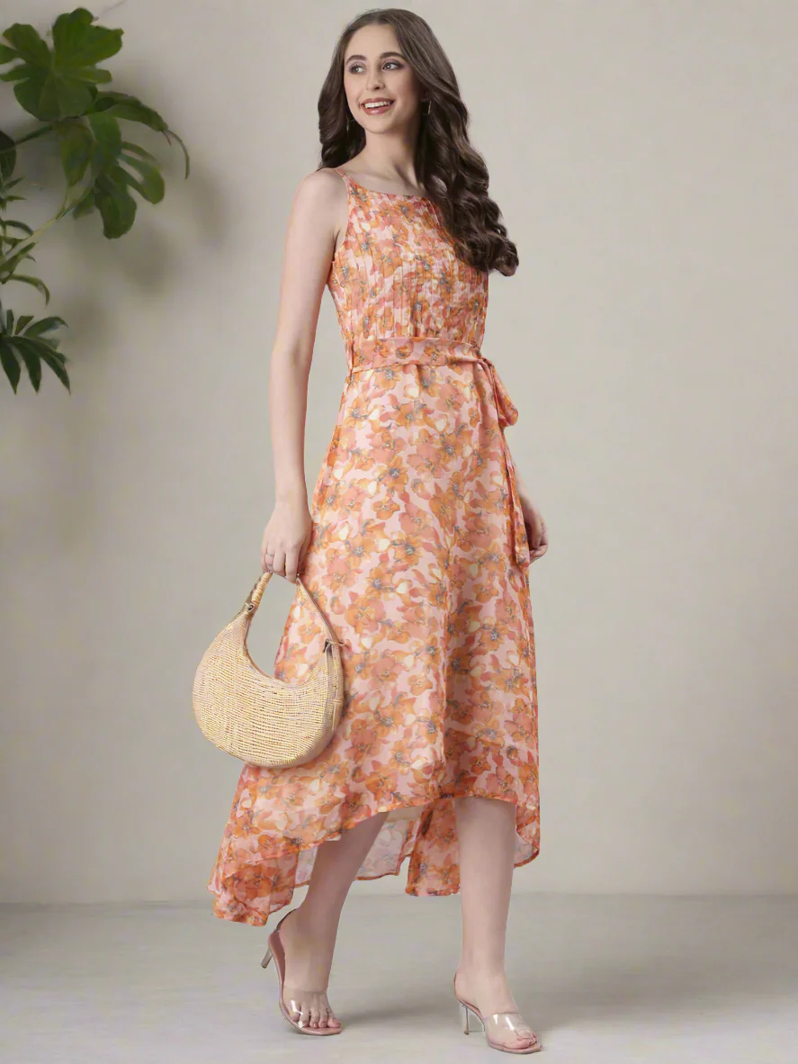 Women Peach Floral Print Tiered Dress - Image 6