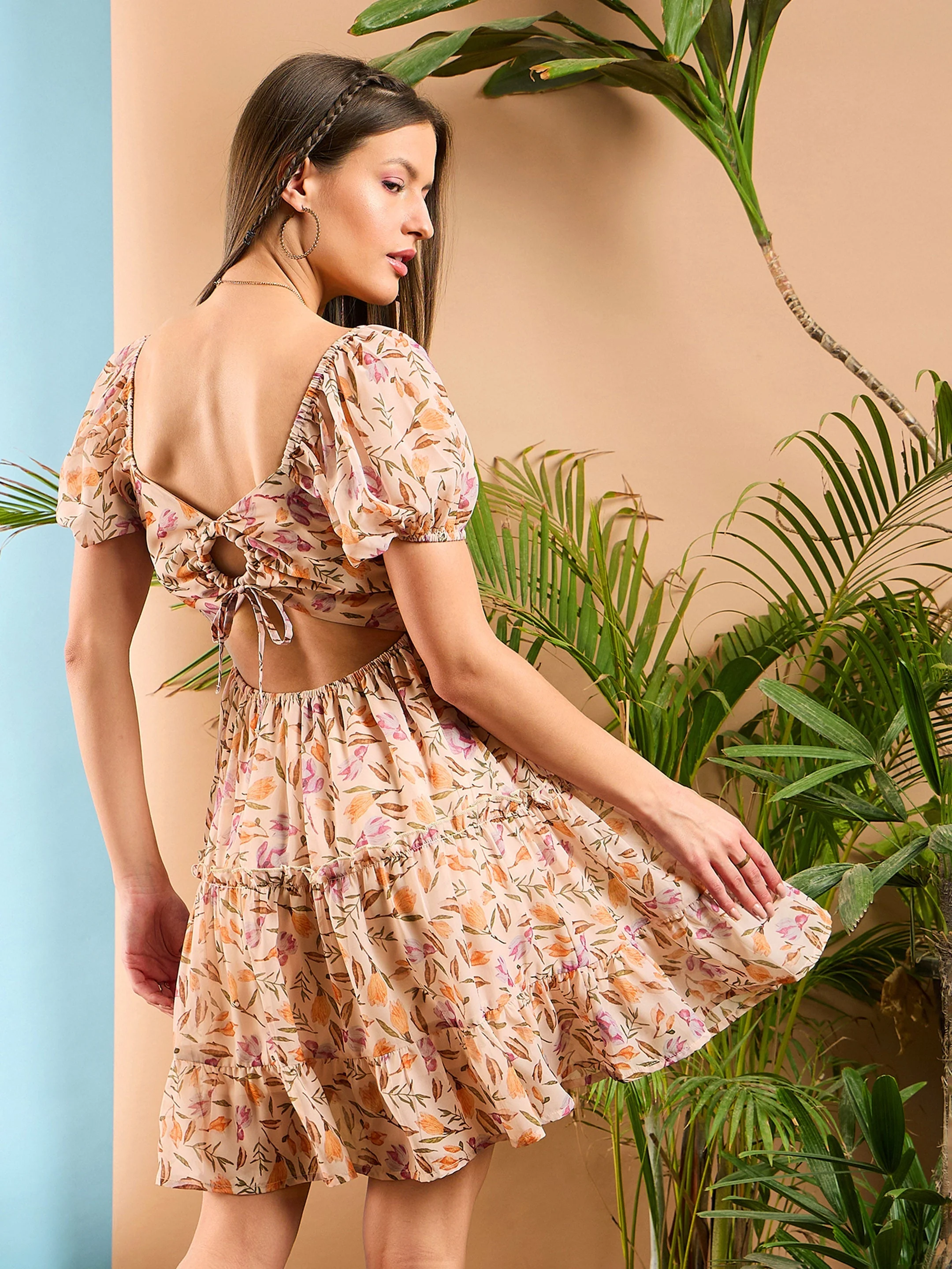 Women Peach Floral  Short Skater Dress - Image 2