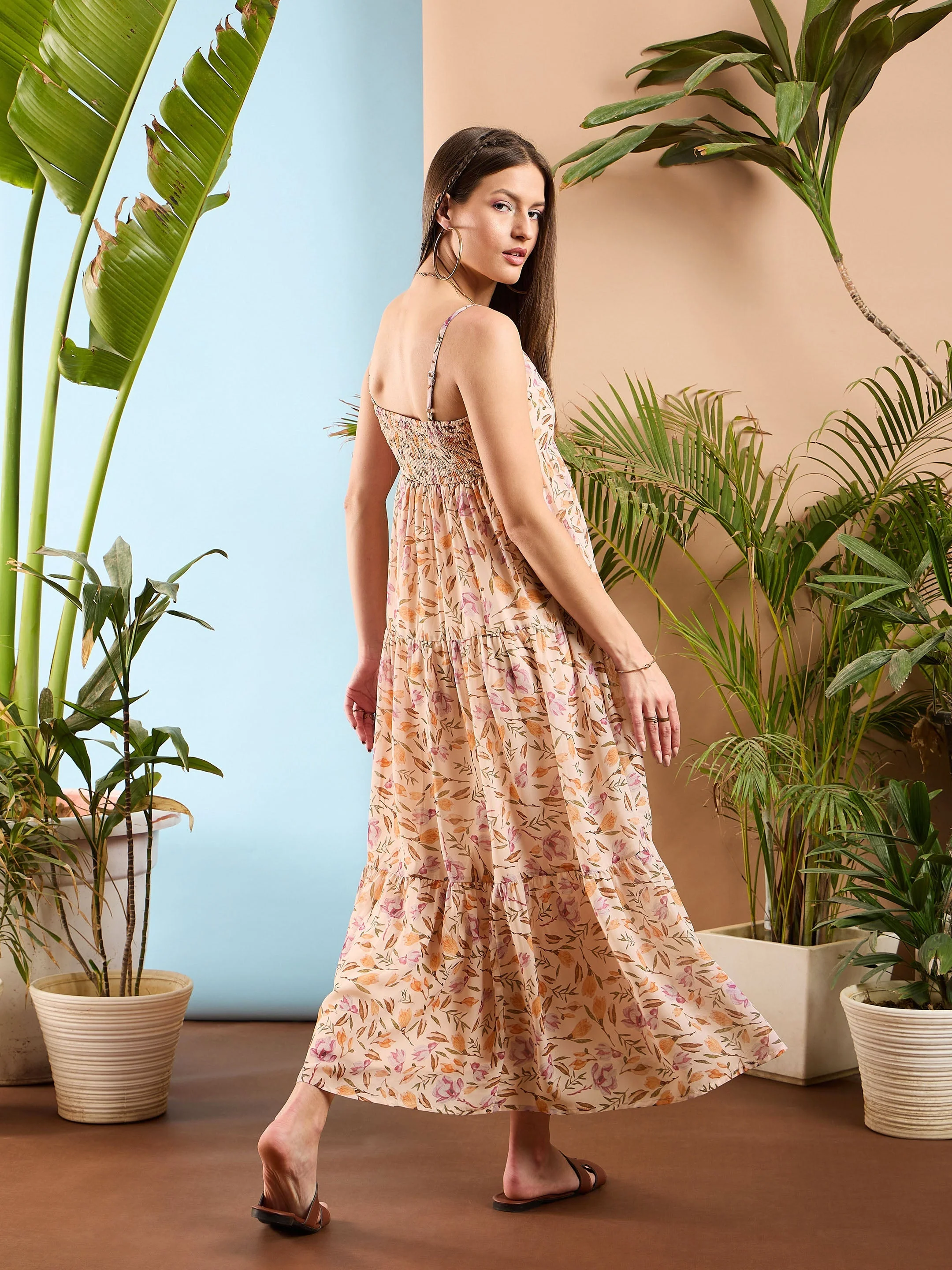 Women Peach Floral Strappy Tiered Maxi Dress - Image 2