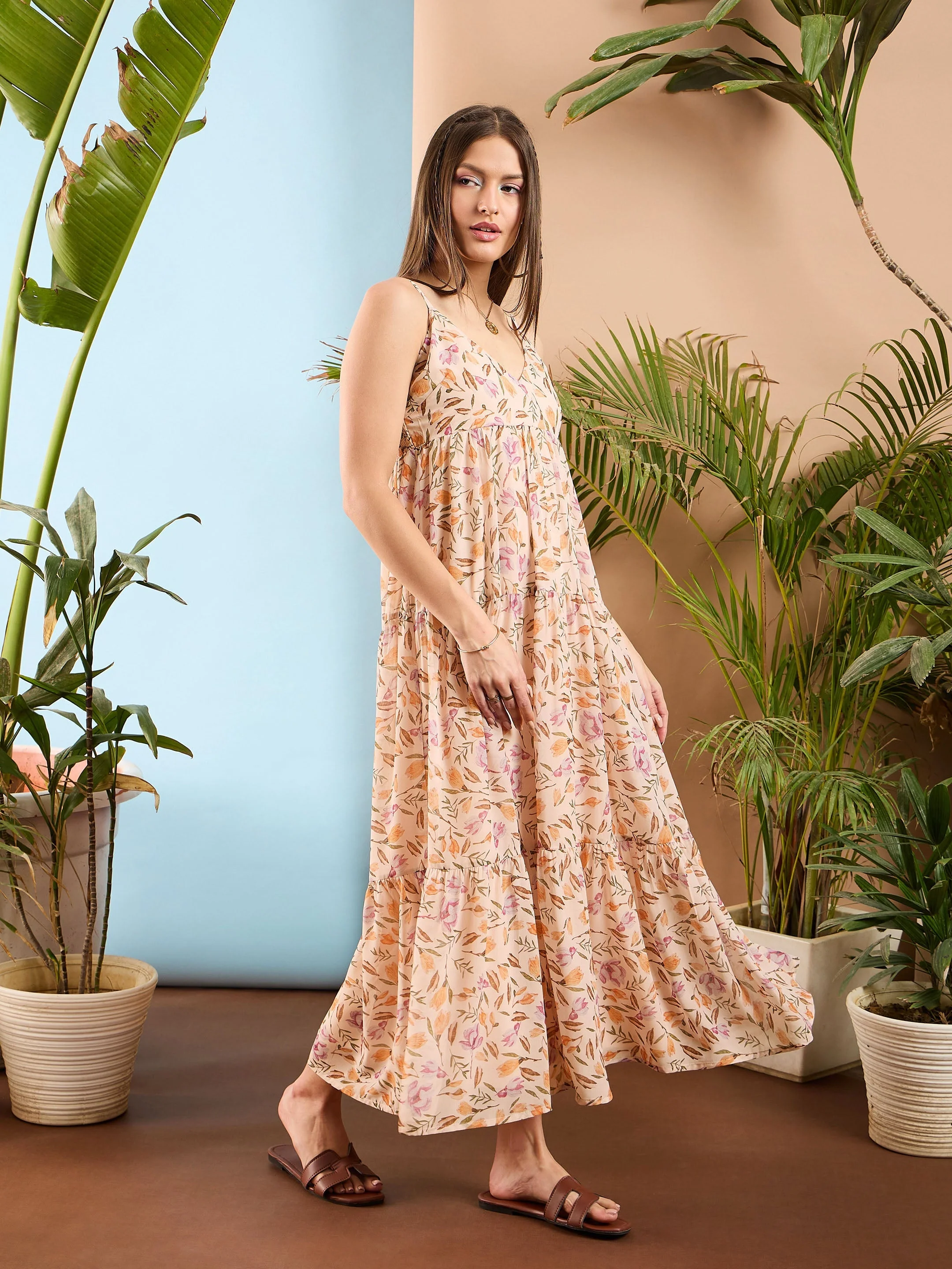 Women Peach Floral Strappy Tiered Maxi Dress - Image 5