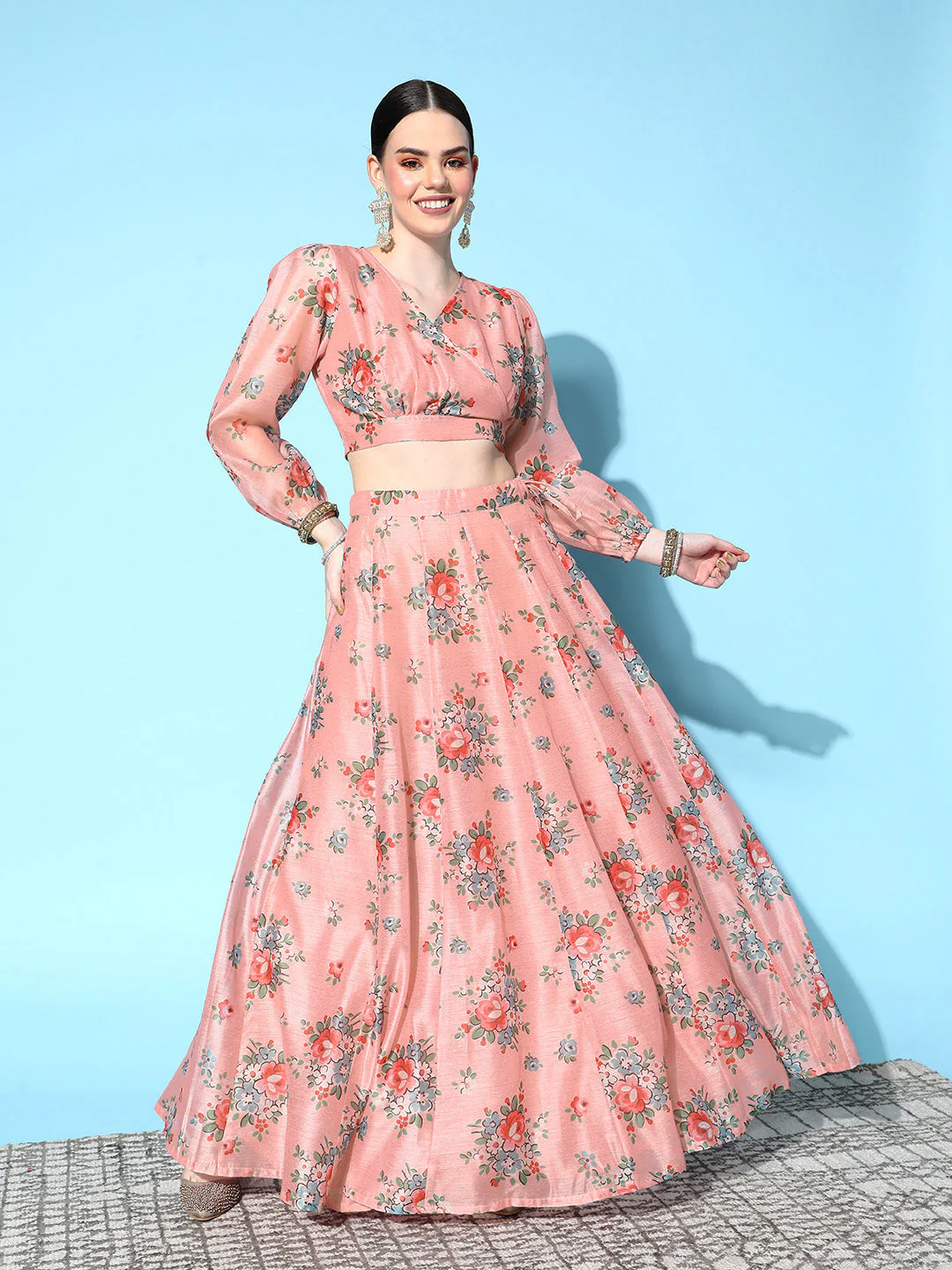 Women Peach Floral Wrap Crop Top With Anarkali Skirt - Image 2