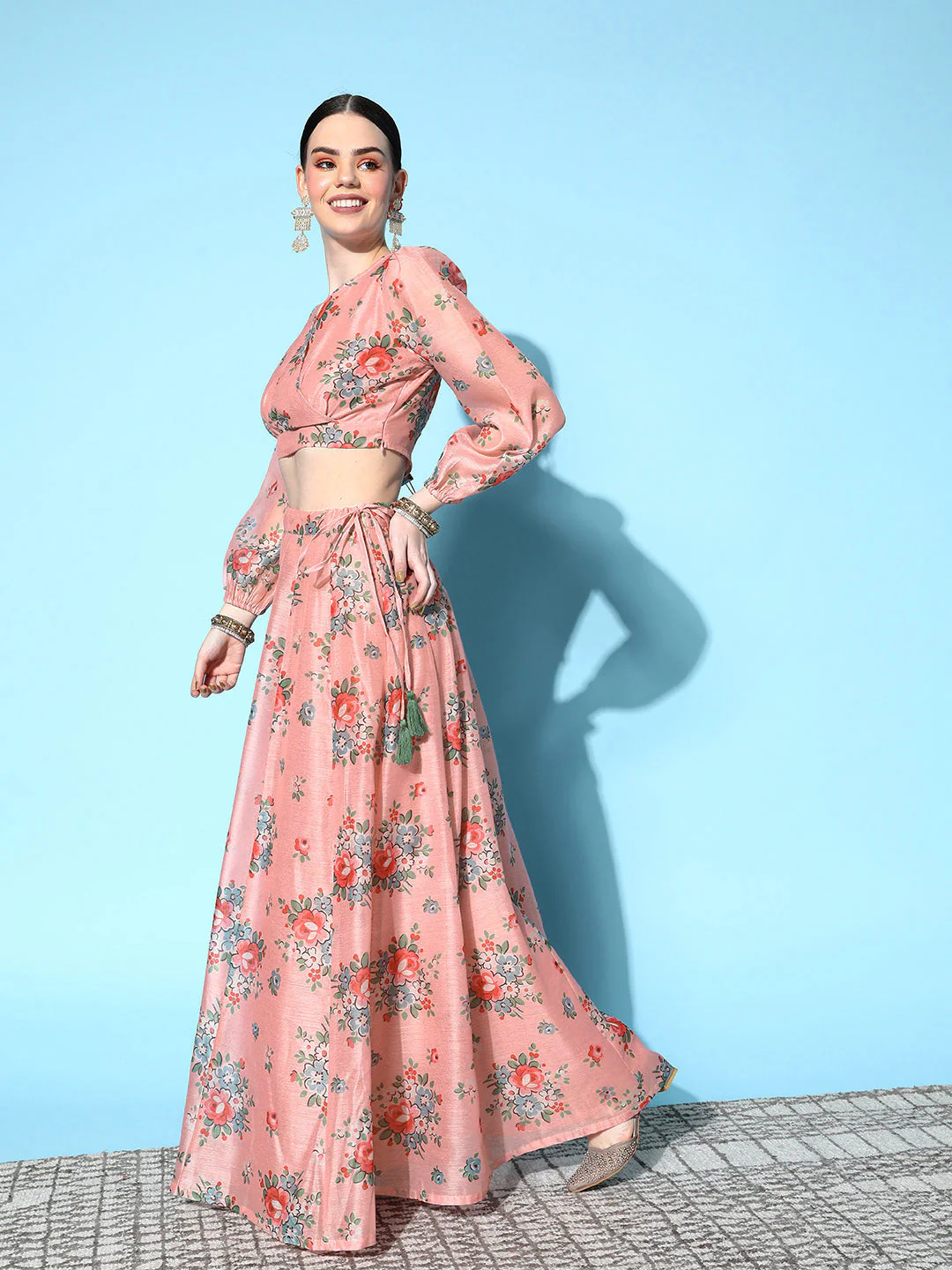 Women Peach Floral Wrap Crop Top With Anarkali Skirt - Image 3