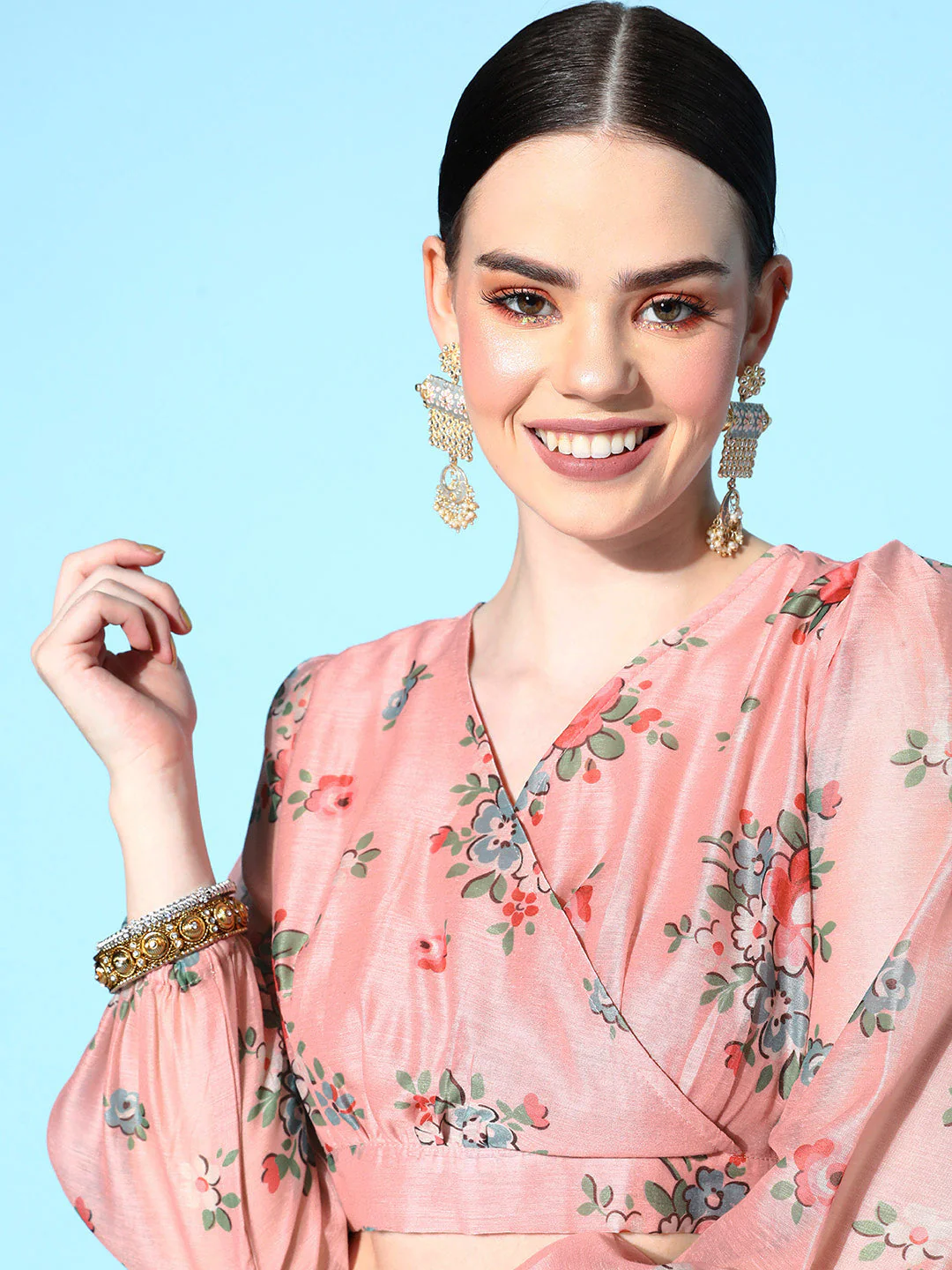 Women Peach Floral Wrap Crop Top With Anarkali Skirt - Image 4