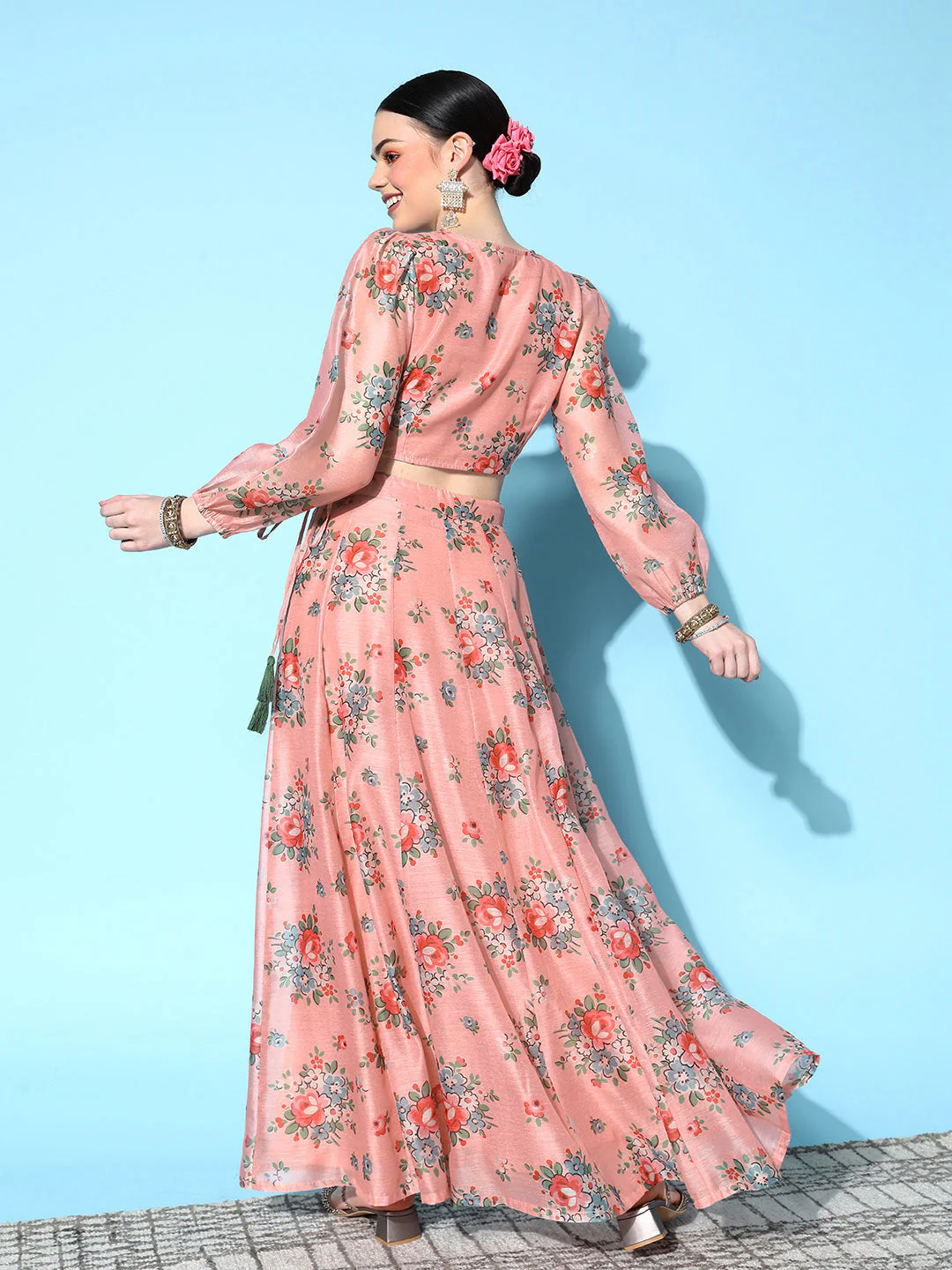 Women Peach Floral Wrap Crop Top With Anarkali Skirt - Image 5