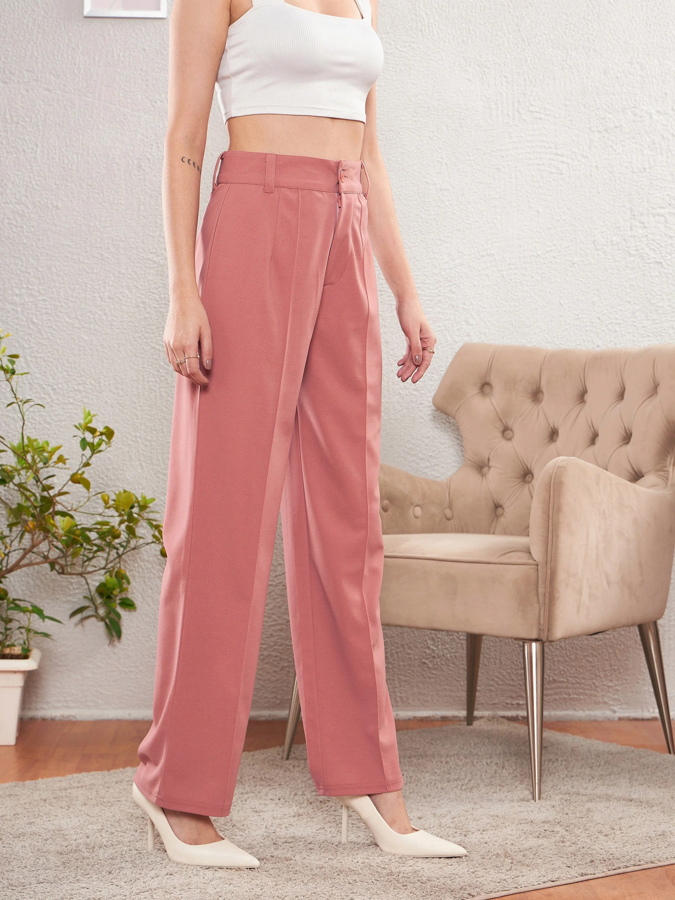Women Peach Front Darted Pants - Image 3