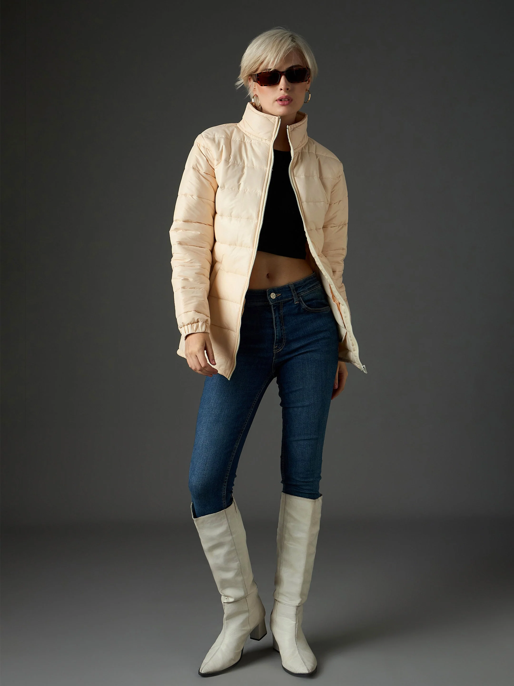 Women Peach High Neck Horizontal Quilt Puffer Jacket - Image 2