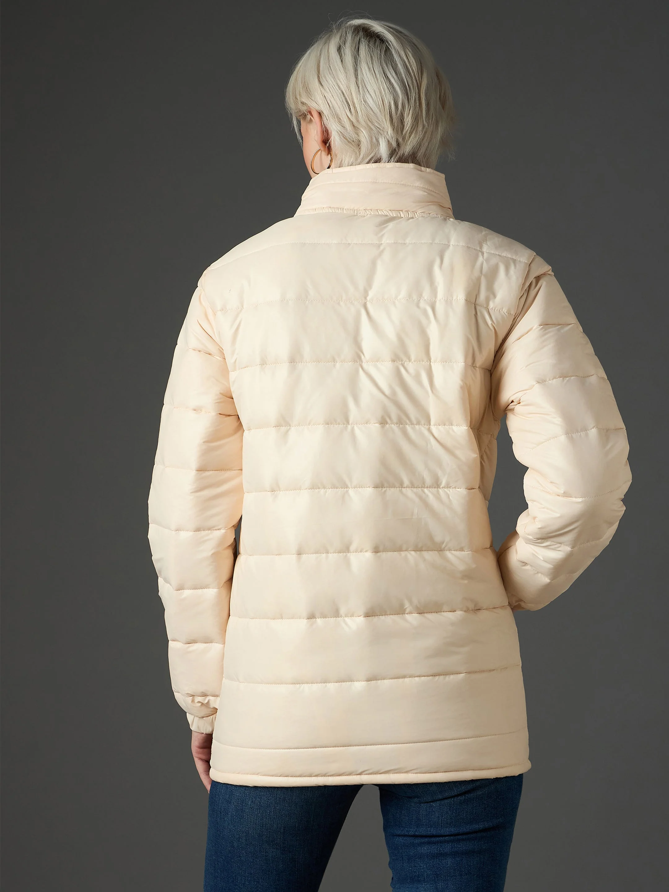 Women Peach High Neck Horizontal Quilt Puffer Jacket - Image 5