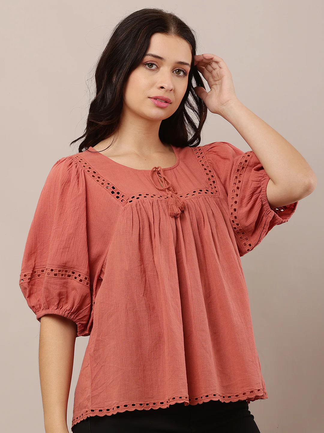 Women Peach Loose-Style Top with Round Neck - Image 2