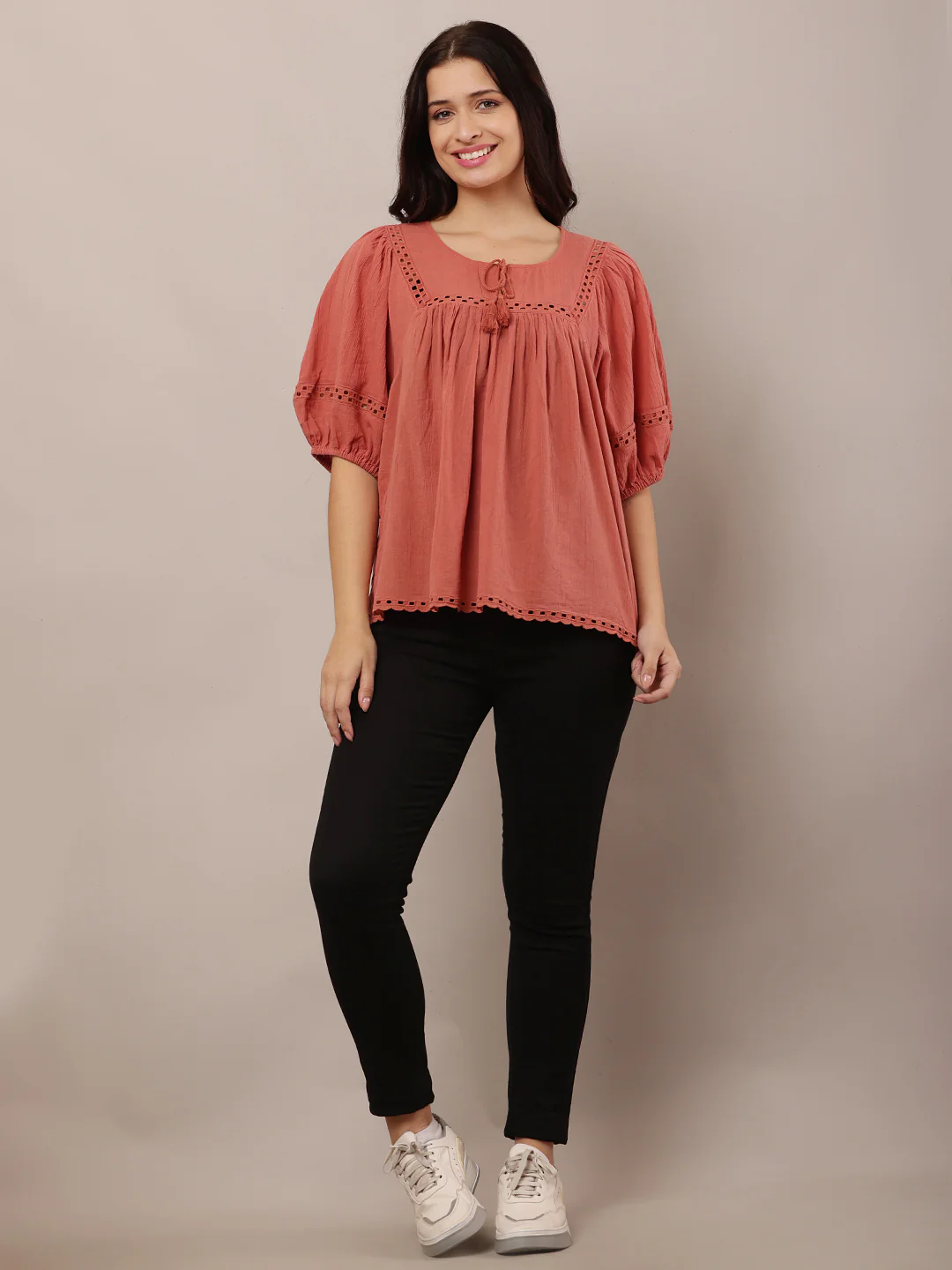 Women Peach Loose-Style Top with Round Neck - Image 3