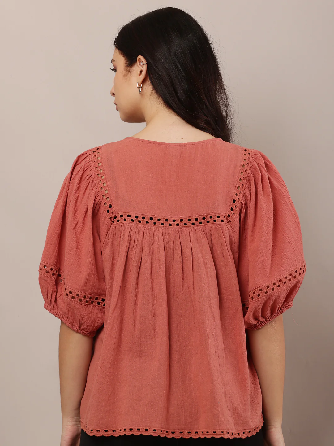 Women Peach Loose-Style Top with Round Neck - Image 4