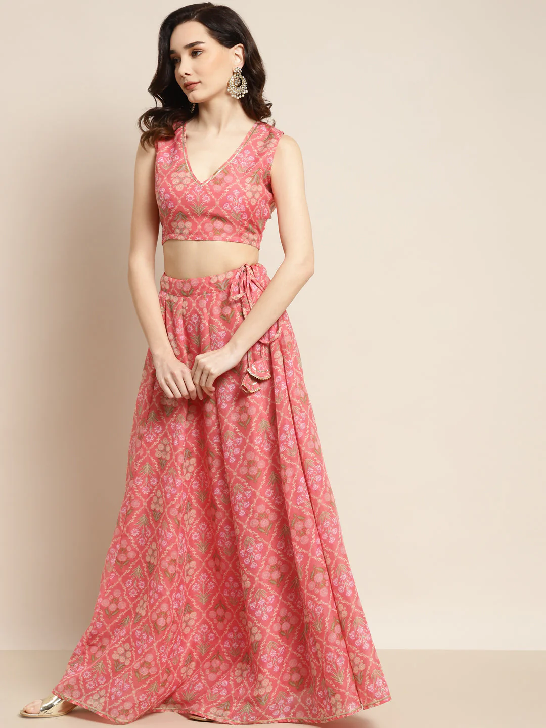 Women Peach Mughal Floral Crop Top With Anarkali Skirt - Image 3