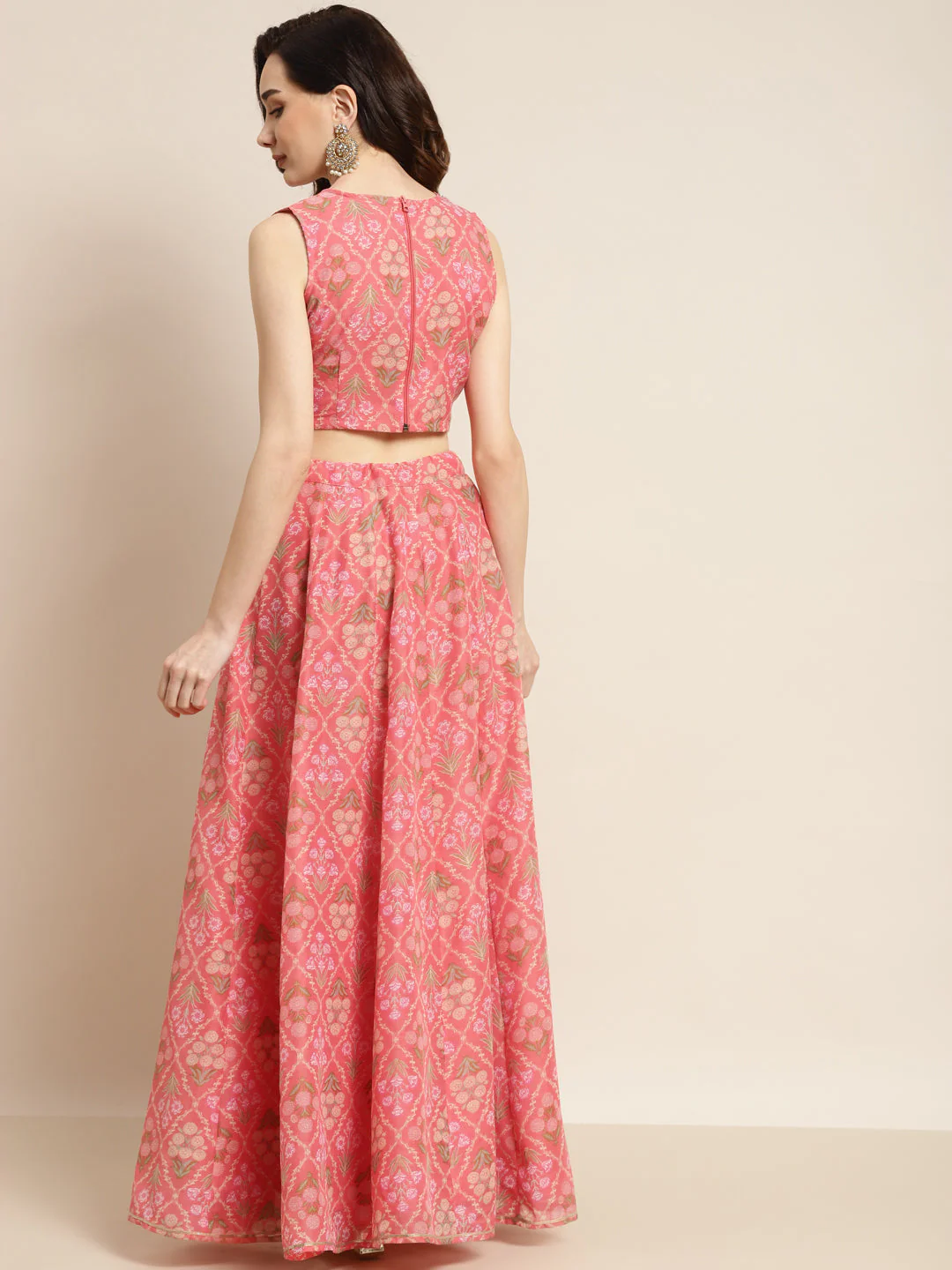 Women Peach Mughal Floral Crop Top With Anarkali Skirt - Image 4