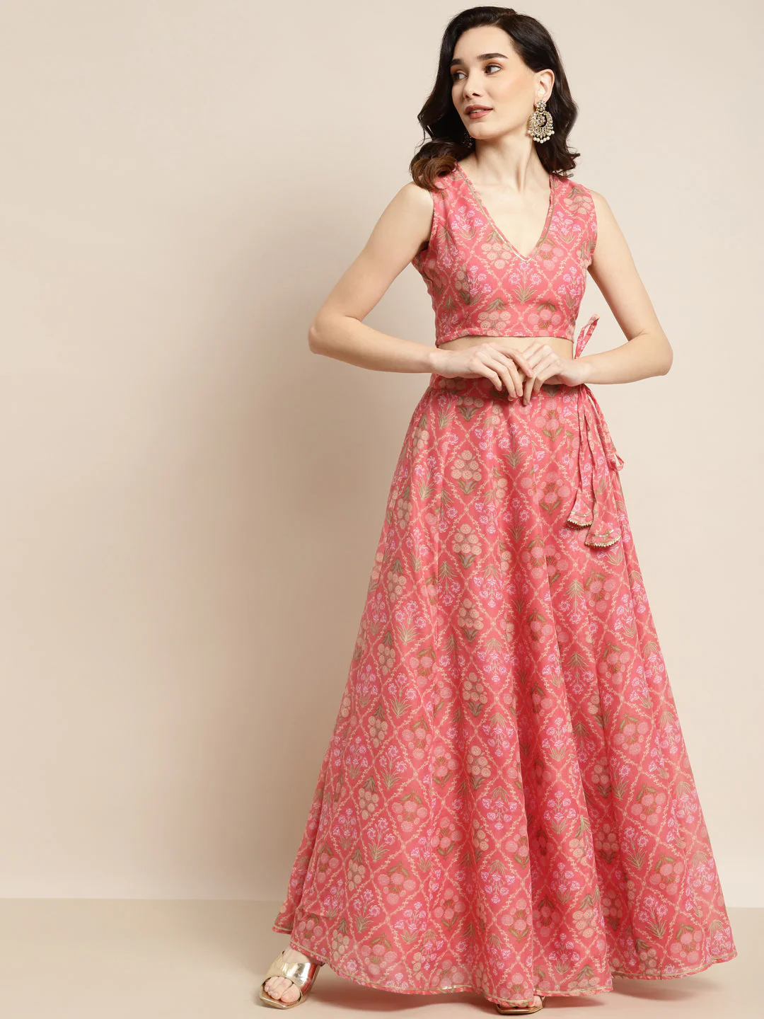 Women Peach Mughal Floral Crop Top With Anarkali Skirt - Image 5