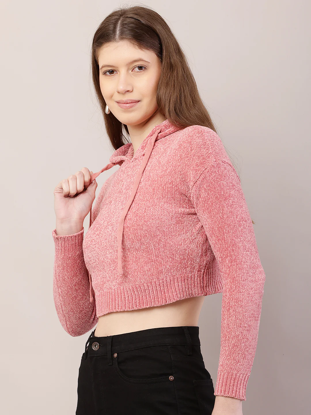 Women peach polyester full sleeve hooded cropped sweatshirt - Image 2