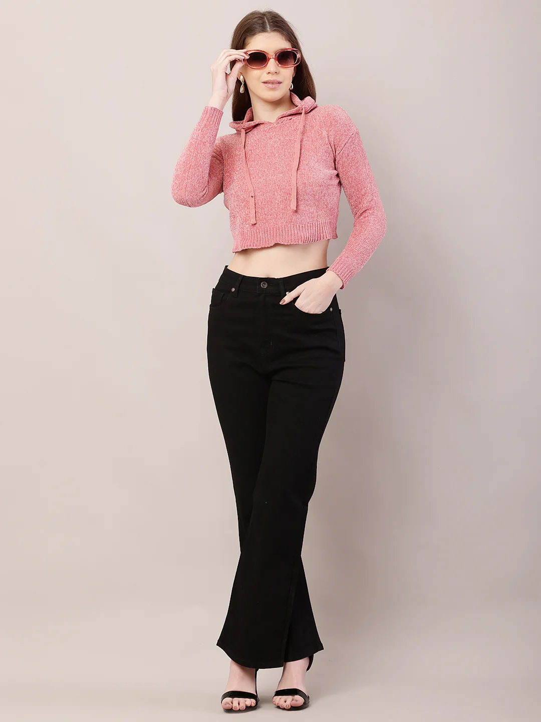 Women peach polyester full sleeve hooded cropped sweatshirt - Image 3