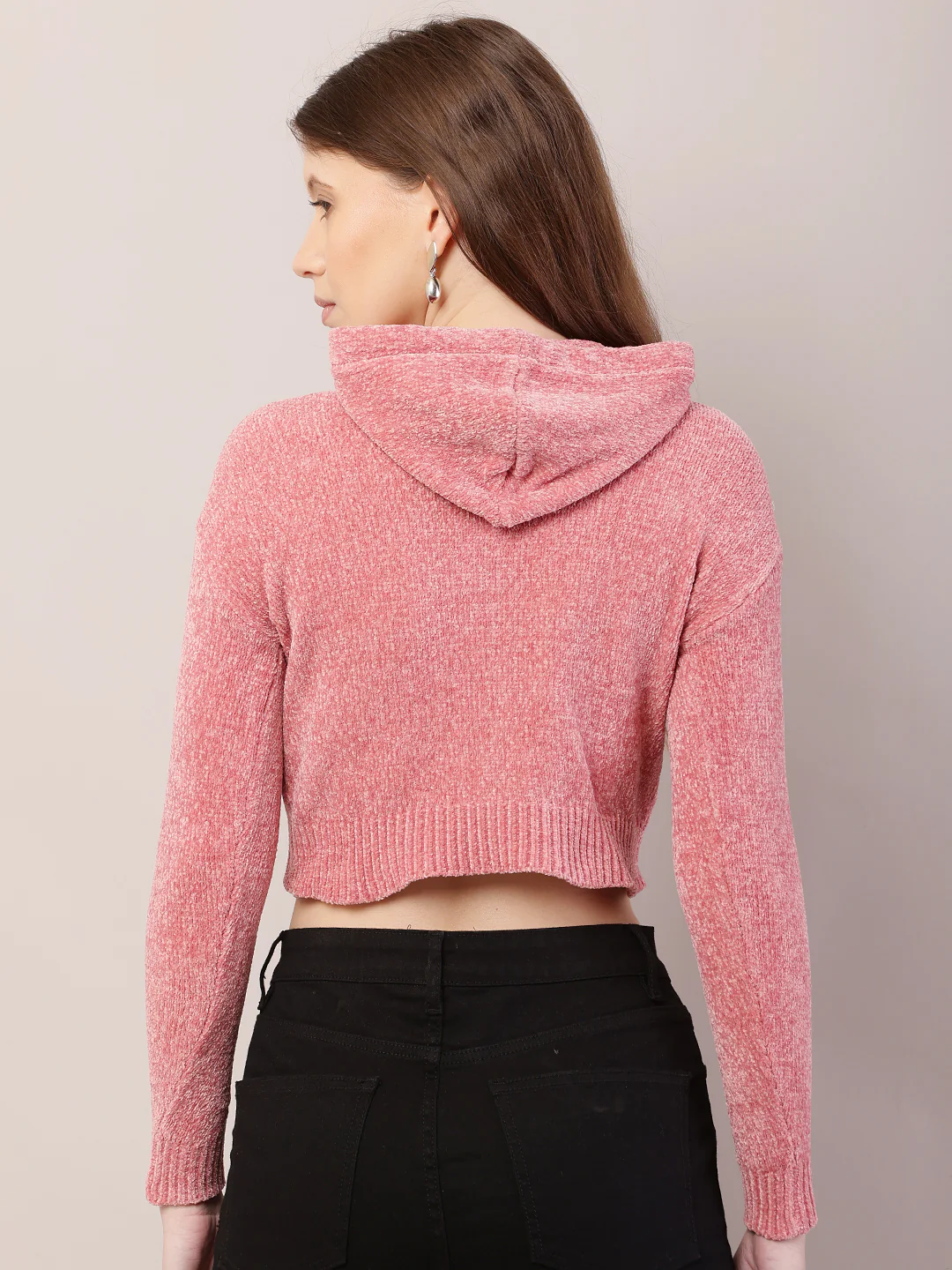 Women peach polyester full sleeve hooded cropped sweatshirt - Image 4