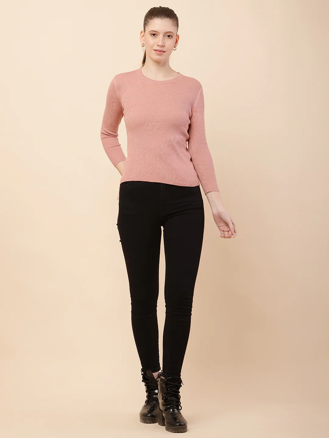 Women Peach Ribbed Sweater - Image 3