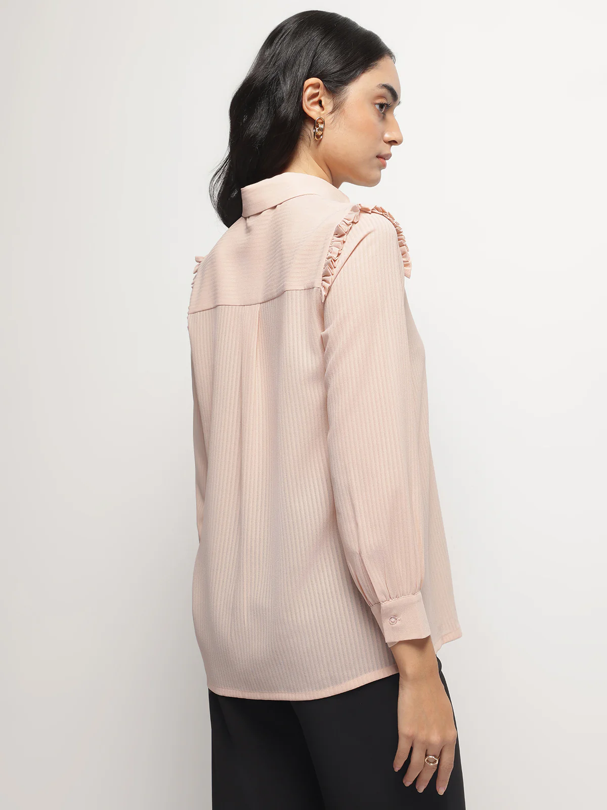 Women Peach Ruffle Shoulder Semi Sheer Shirt - Image 2