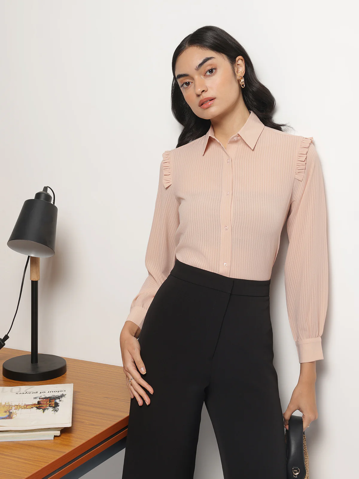 Women Peach Ruffle Shoulder Semi Sheer Shirt - Image 3