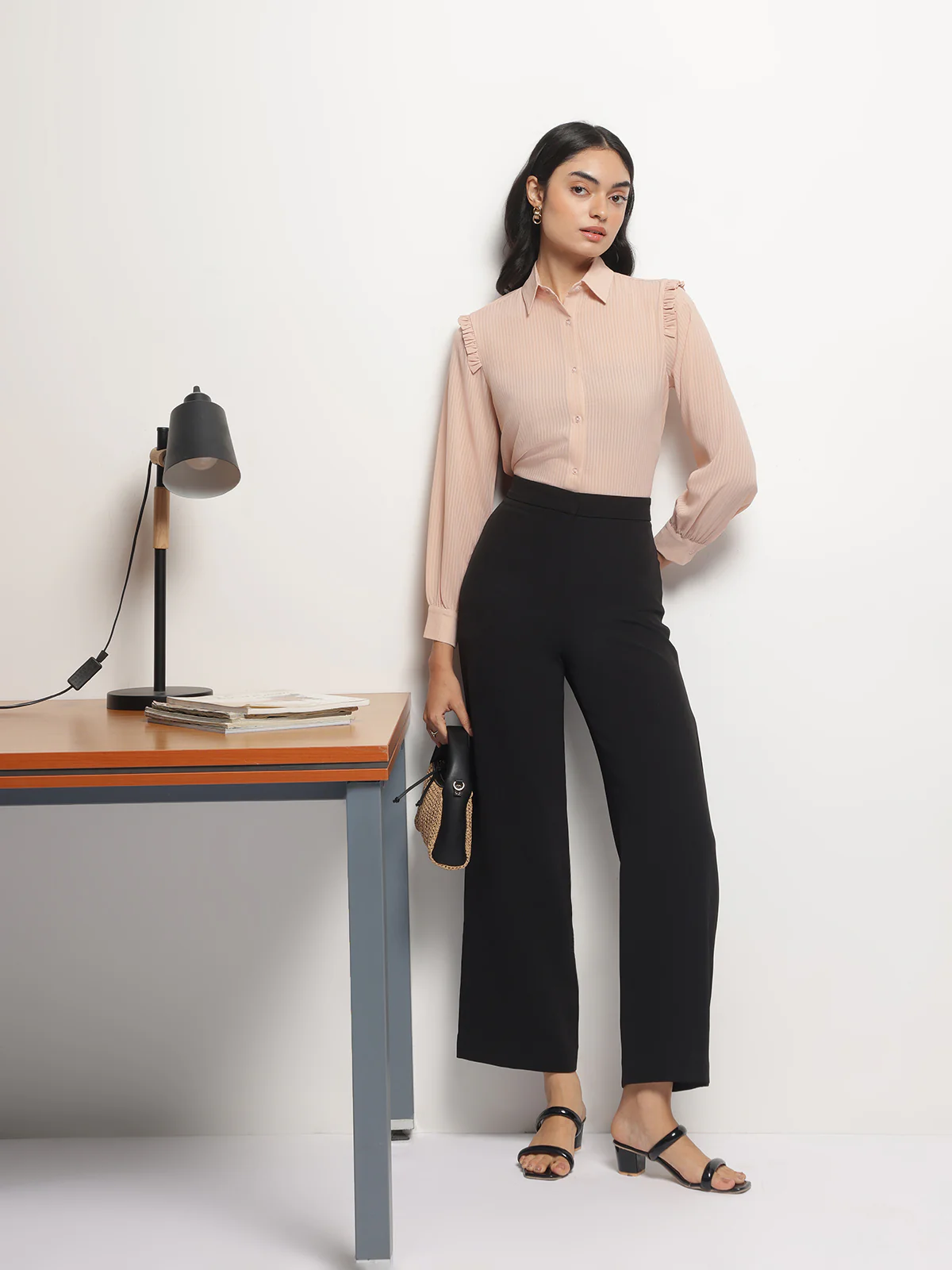 Women Peach Ruffle Shoulder Semi Sheer Shirt - Image 4