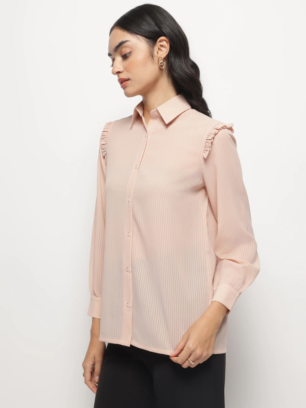 Women Peach Ruffle Shoulder Semi Sheer Shirt - Image 5