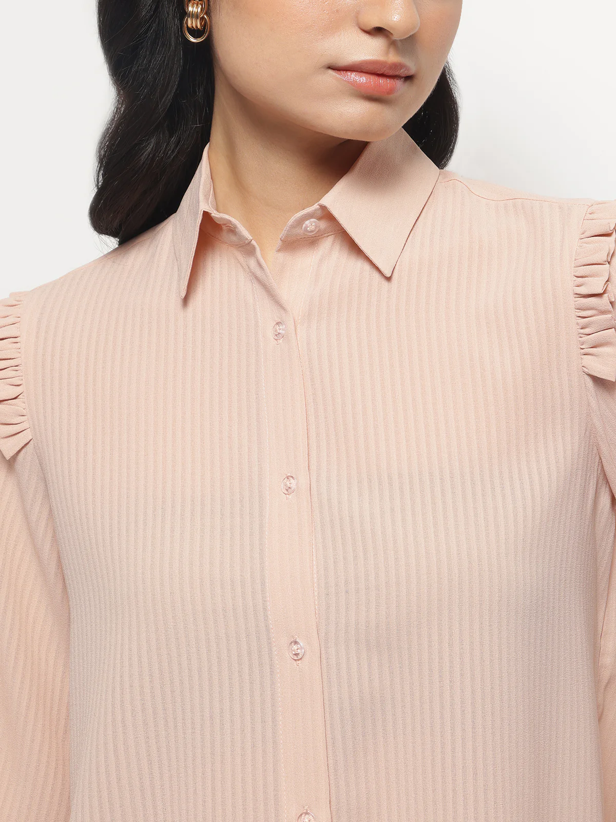 Women Peach Ruffle Shoulder Semi Sheer Shirt - Image 6