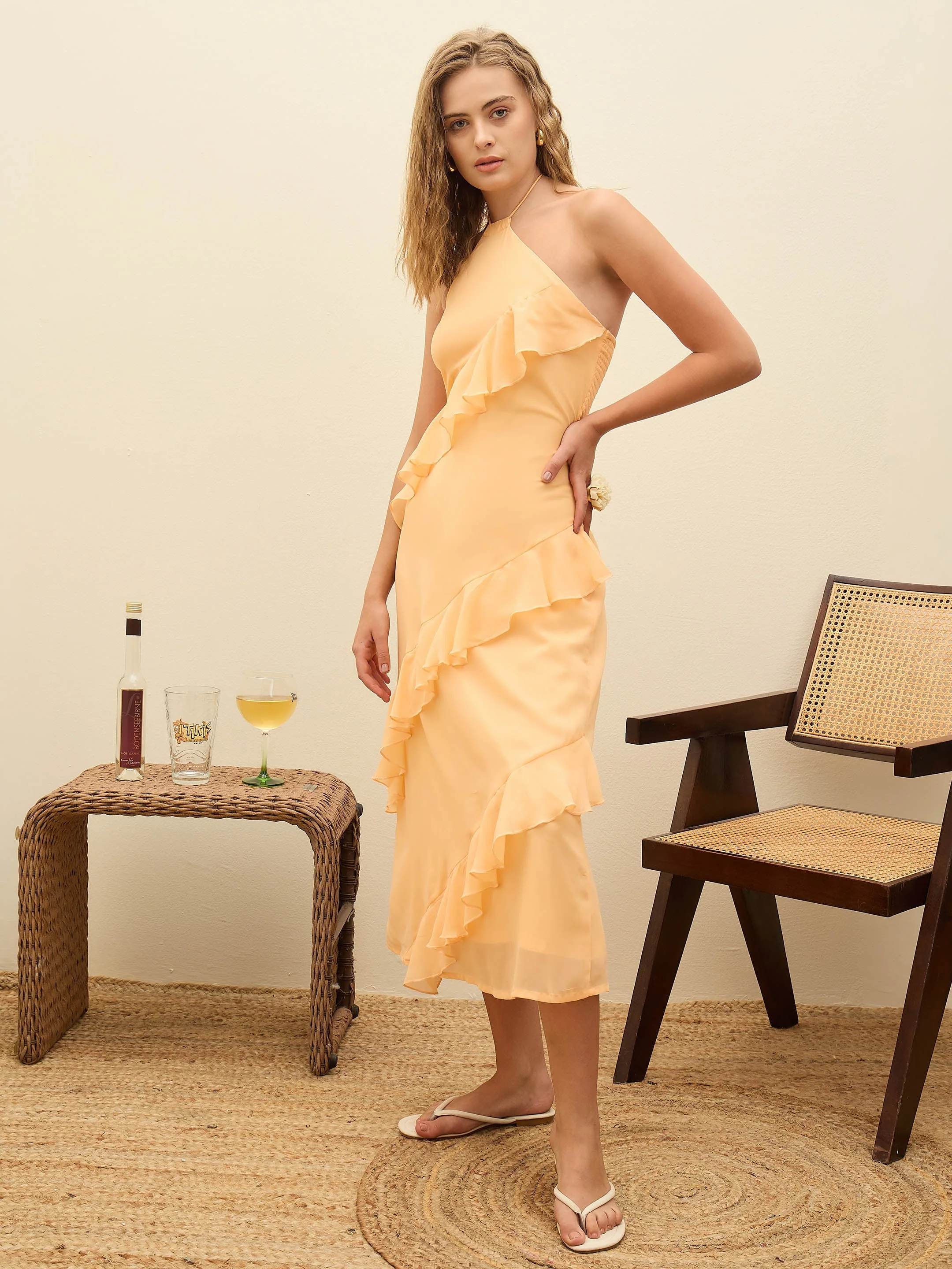 Women Peach Solid Halter Neck Maxi Dress - Image 3