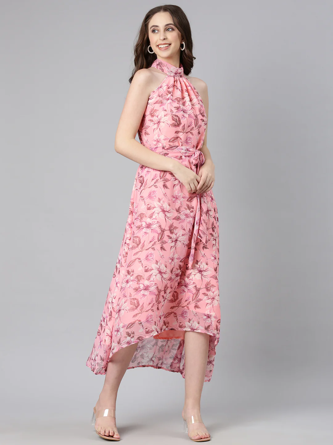 Women Peach Floral Chiffon Dress - Image 10