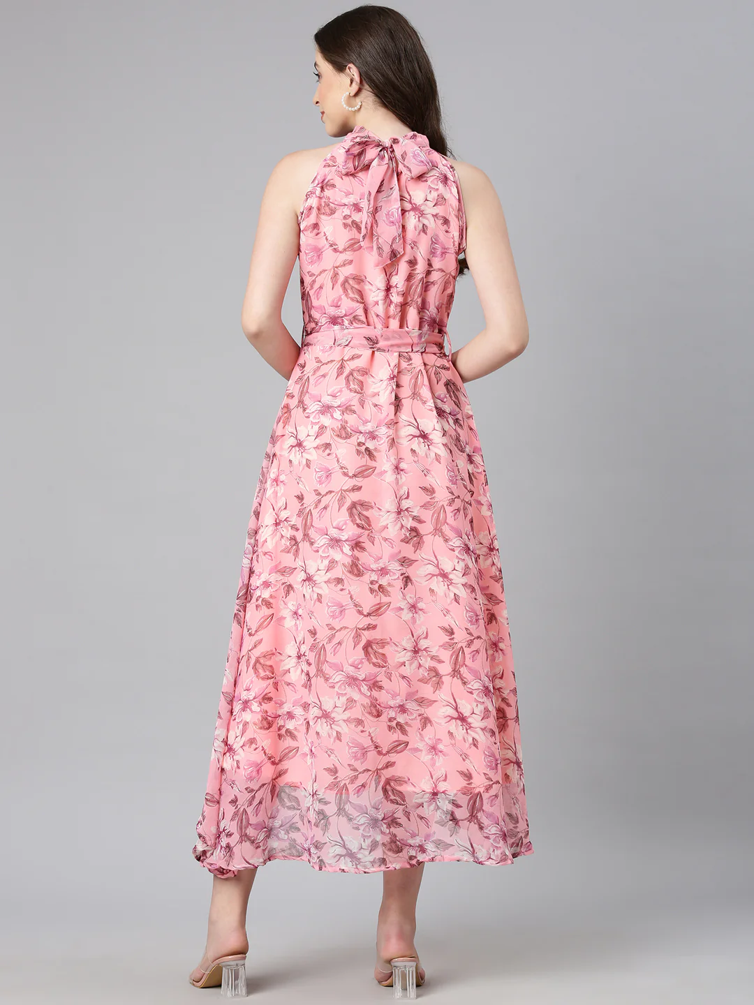 Women Peach Floral Chiffon Dress - Image 11