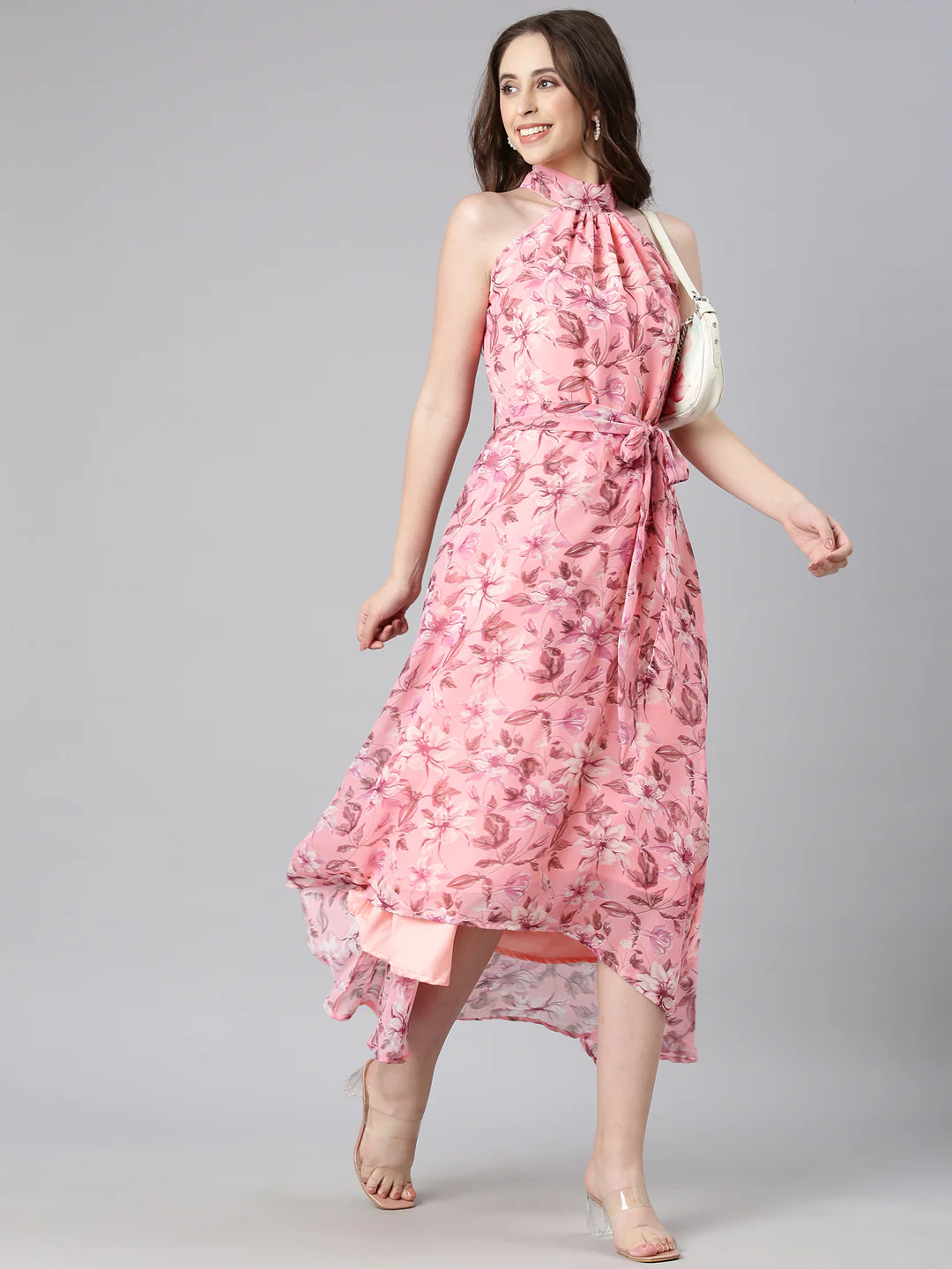 Women Peach Floral Chiffon Dress - Image 12