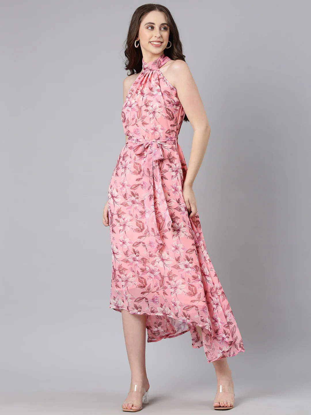 Women Peach Floral Chiffon Dress - Image 2