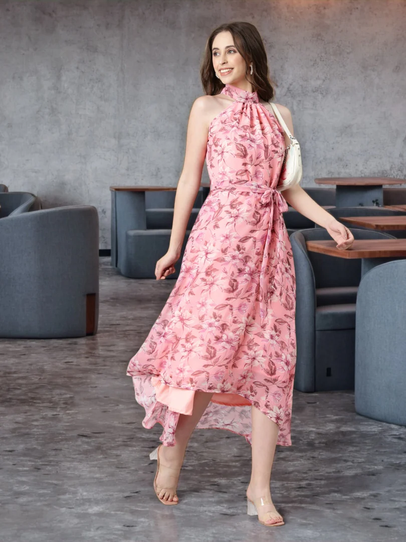 Women Peach Floral Chiffon Dress - Image 4