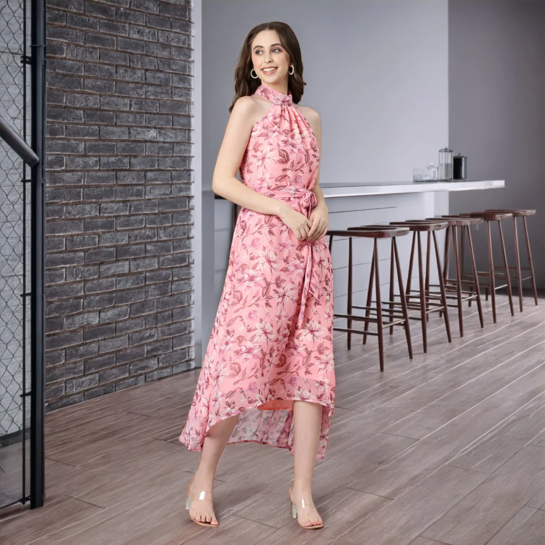 Women Peach Floral Chiffon Dress - Image 7