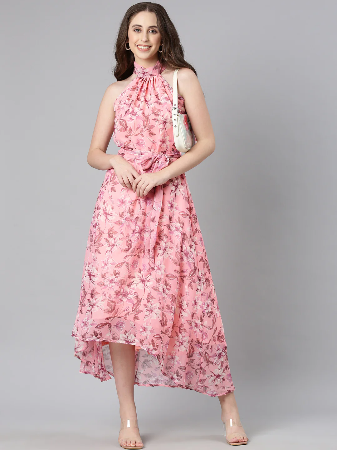 Women Peach Floral Chiffon Dress - Image 9