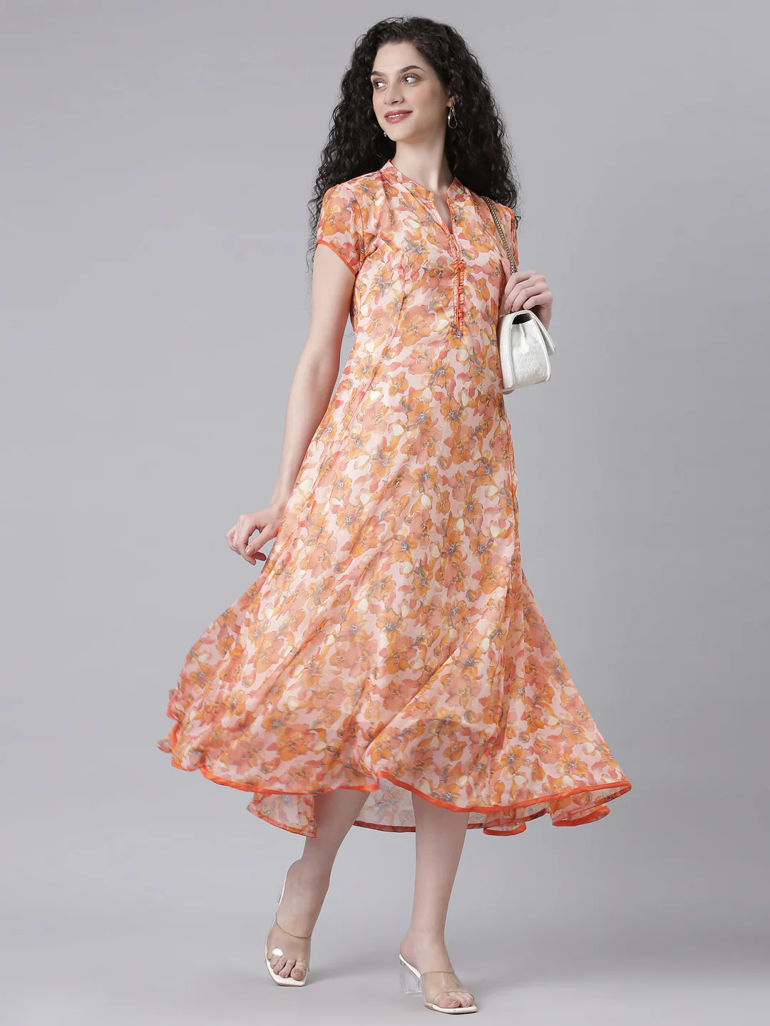 Women Peach Floral Chiffon Dress - Image 10