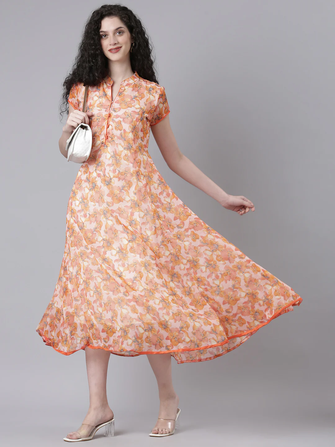 Women Peach Floral Chiffon Dress - Image 11