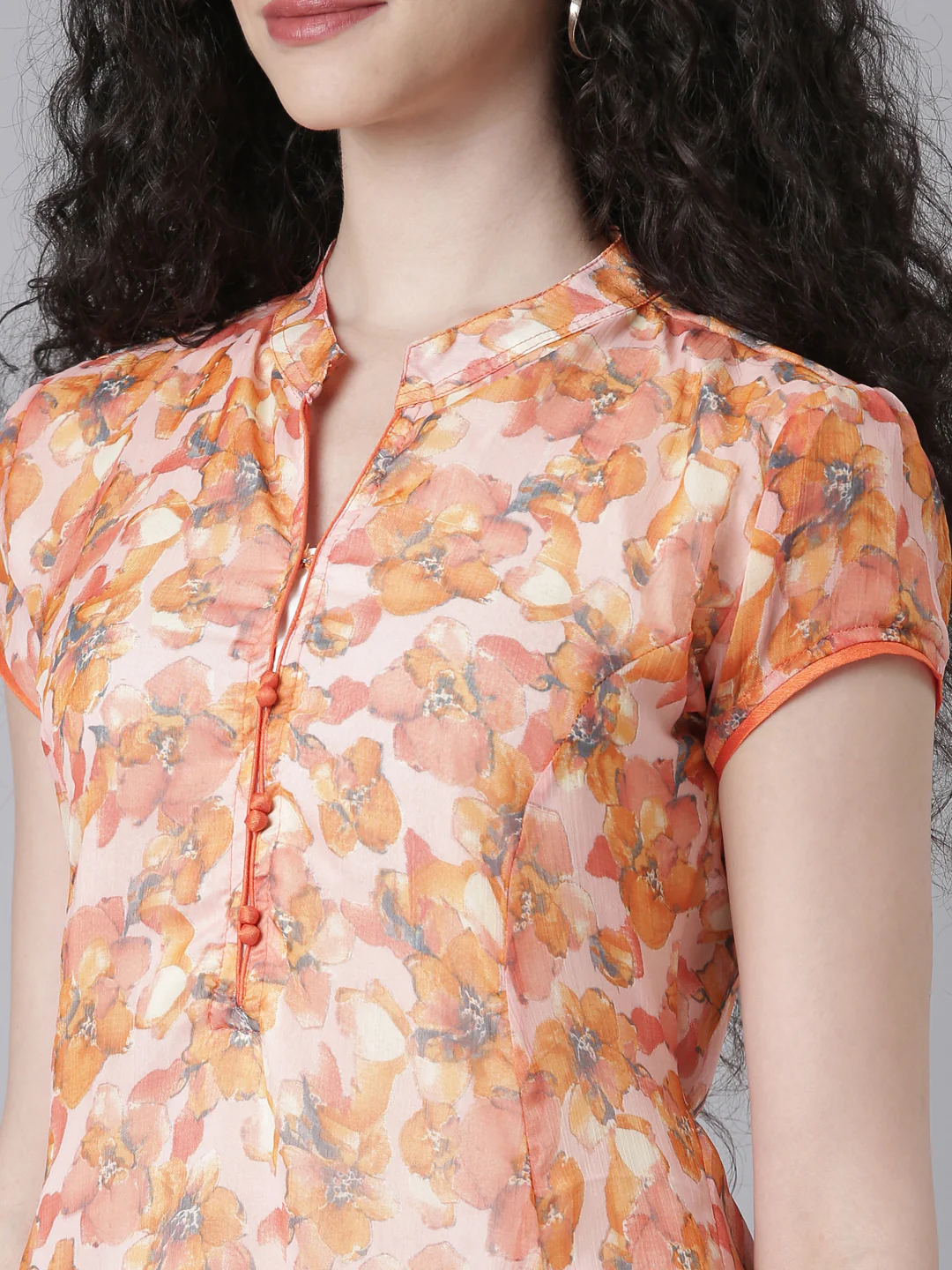 Women Peach Floral Chiffon Dress - Image 12