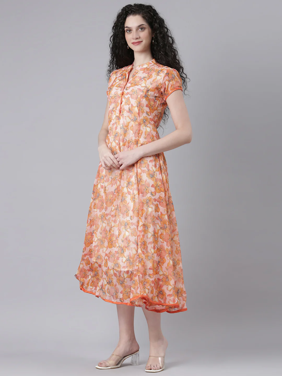 Women Peach Floral Chiffon Dress - Image 2
