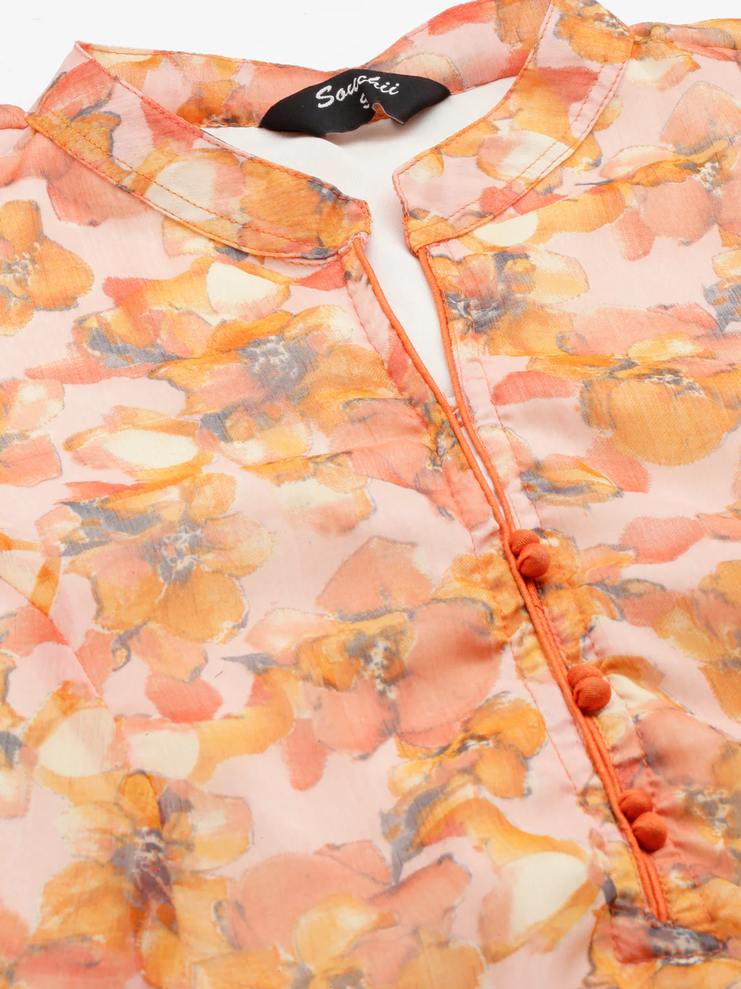 Women Peach Floral Chiffon Dress - Image 3